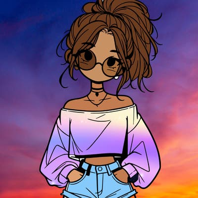 girl with a messy ponytail glasses a baggy crop top and jean shorts