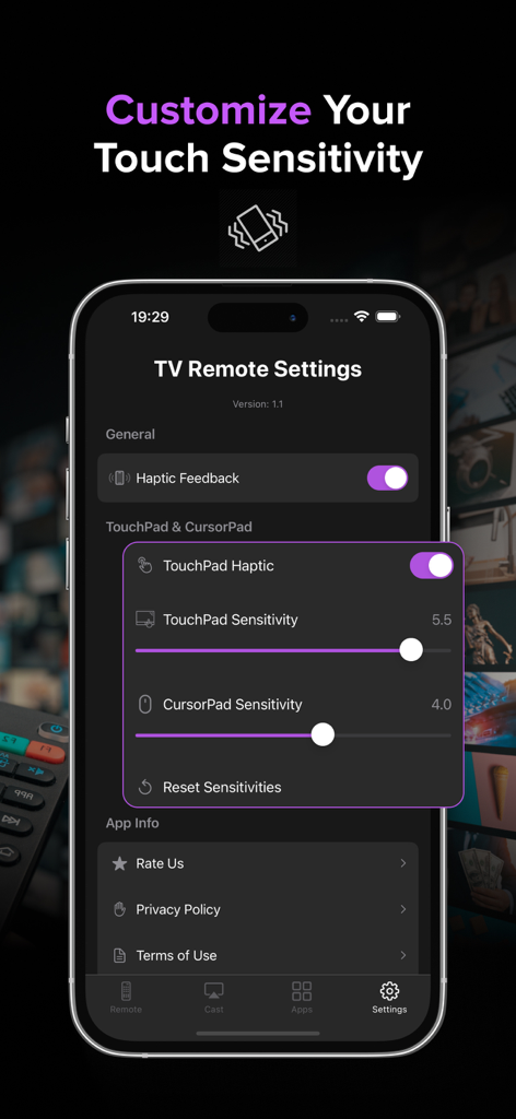 Control Samsung Smart TV - Tela de configurações do aplicativo móvel para controle remoto Samsung Smart TV mostrando ajustes de sensibilidade de toque e feedback tátil.