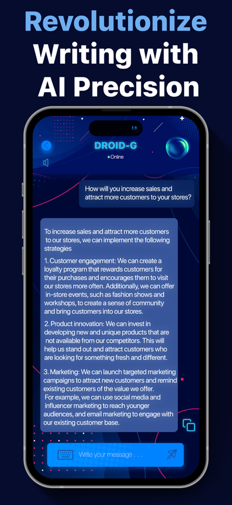 Droid G KI-Chatbot-App zeigt eine Konversation über Marketingstrategien