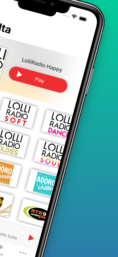 LolliRadio - Interfaz de la aplicación LolliRadio que muestra varias estaciones de radio italianas, incluyendo Happy, Soft, Dance y Soul