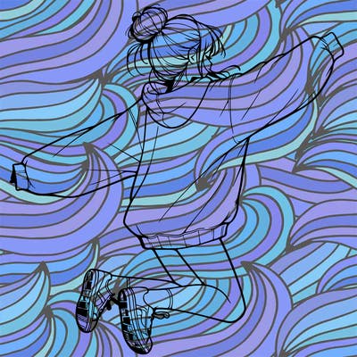 realistic girl jumping with a bun and oversized sweatshirt