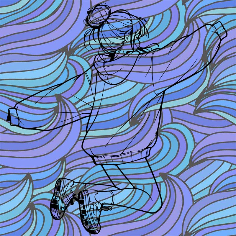 realistic girl jumping with a bun and oversized sweatshirt