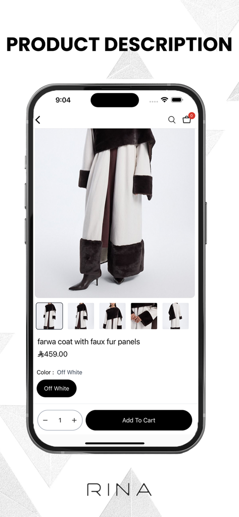 Smartphone screen displaying the Rina app's product page for an off-white farwa coat with faux fur panels.