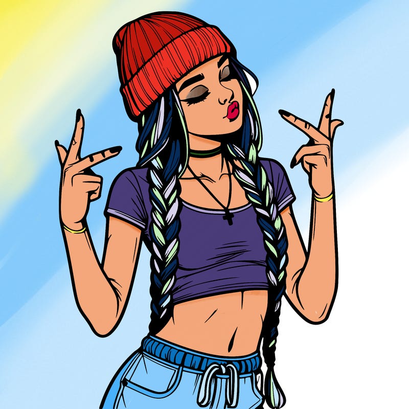 realistic teenage girl with braids and a beanie and crop top doing 🫶🏼