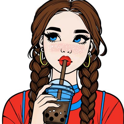 realistic girl with braided hair drinking boba