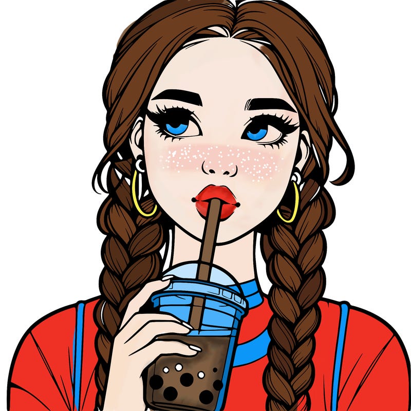 realistic girl with braided hair drinking boba