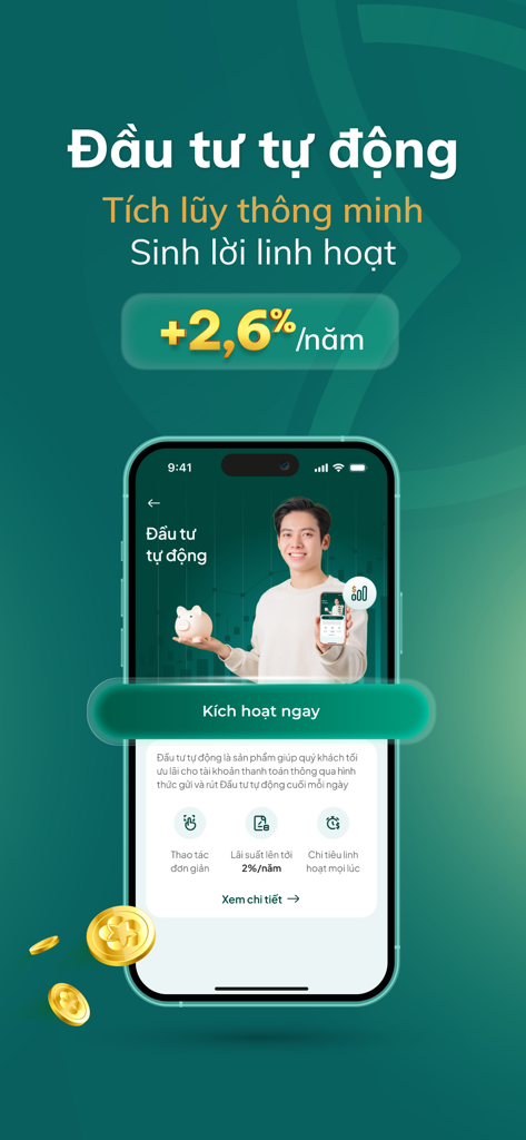 BIDV SmartBanking app screen for automated investment featuring a 2.6 percent annual interest rate