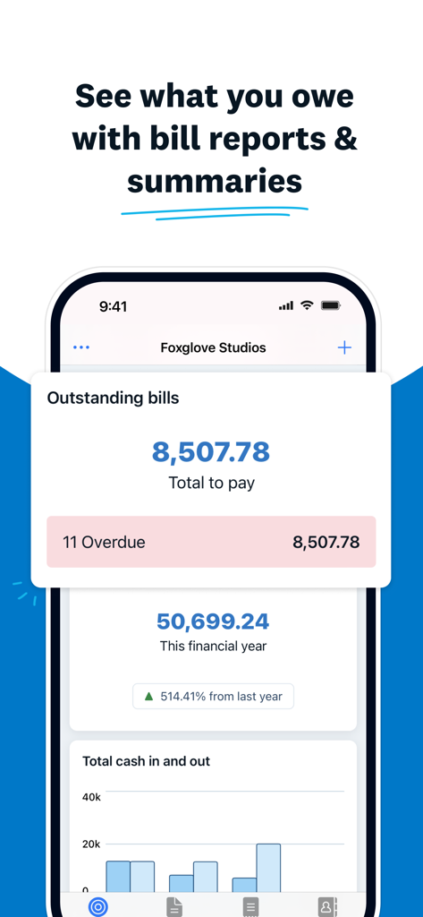 Xero App-Dashboard, das ausstehende Rechnungen und Finanzberichte anzeigt.