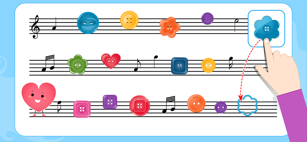 Child dragging a blue flower button onto a musical staff in a matching game