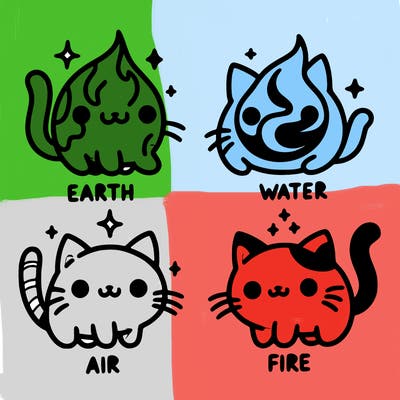 4 cats that represent the different elements, earth, water, air, and fire