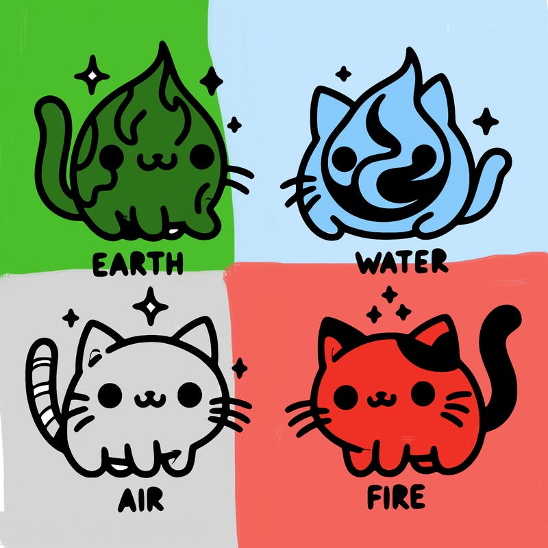 4 cats that represent the different elements, earth, water, air, and fire