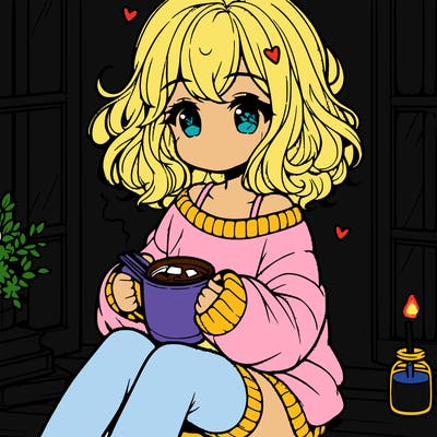 cute anime girl reading book and drinking hot chocolate from mug with loose wavy hair wearing a baggy sweatshirt and shorts sitting by windowsill looking out