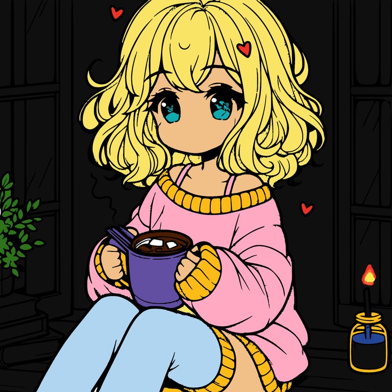 cute anime girl reading book and drinking hot chocolate from mug with loose wavy hair wearing a baggy sweatshirt and shorts sitting by windowsill looking out