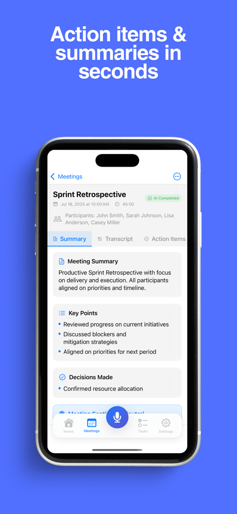 Meeting Recorder Minutes: Scrb - iPhone screenshot of the MinuteScribe app showing an AI generated meeting summary with key points and decisions for a sprint retrospective