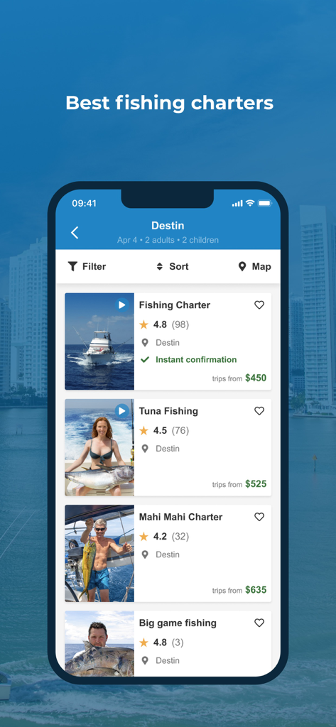 Interface do aplicativo móvel mostrando uma lista de opções de charter de pesca em Destin com classificações e preços