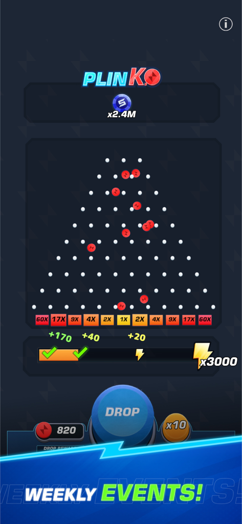 Power Slap - Interface du mini-jeu Plinko dans l'application Power Slap montrant des multiplicateurs de récompenses et des événements hebdomadaires.
