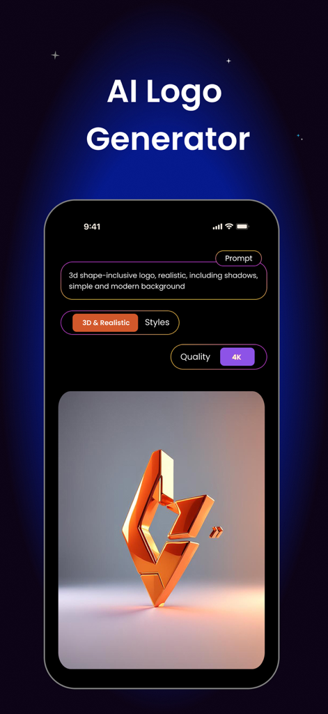 AI 로고 생성기 앱이 텍스트 프롬프트에서 생성된 3D 사실적인 로고를 보여줍니다.