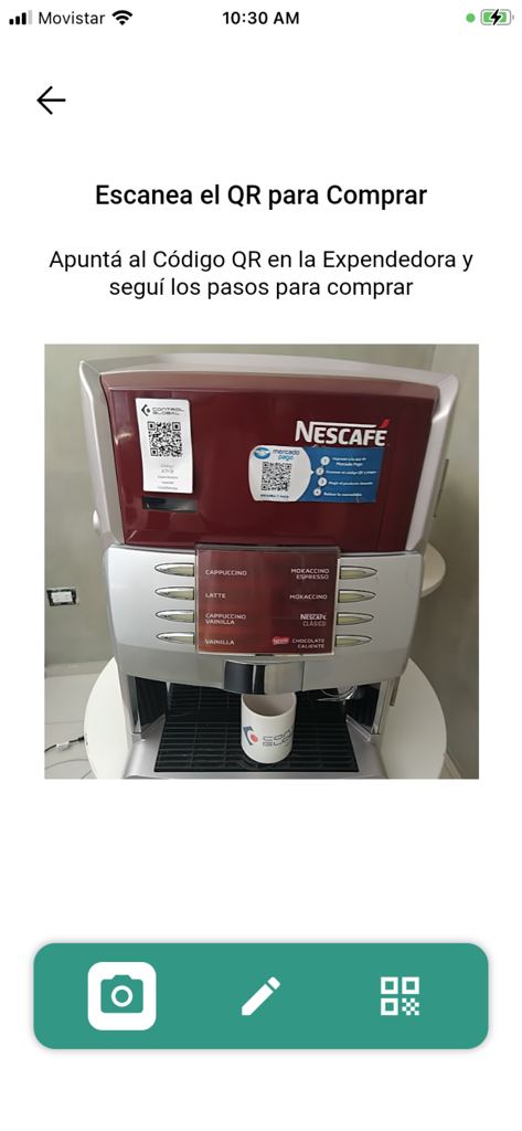 Vending Control - Vending Control app interface showing a QR code scan instruction for a Nescafe coffee machine