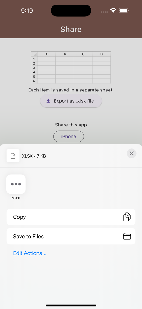 Interface of the Average Price Calculator app showing the option to export investment data as an Excel file.
