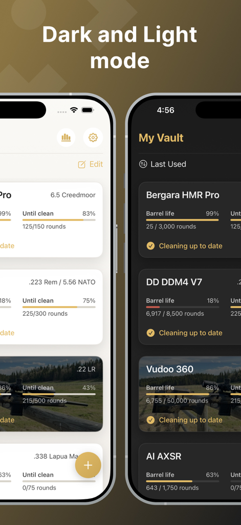 ShotStat - ShotStat app comparison of dark and light modes showing rifle barrel life and maintenance tracking