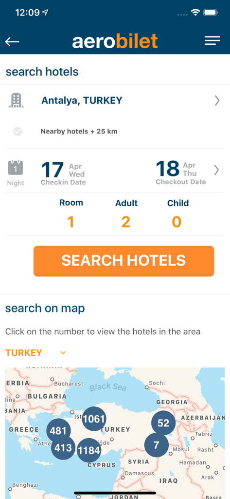 Aerobilet - Flights, Hotels - Aerobilet app screen showing hotel search for Antalya Turkey with an integrated map view display