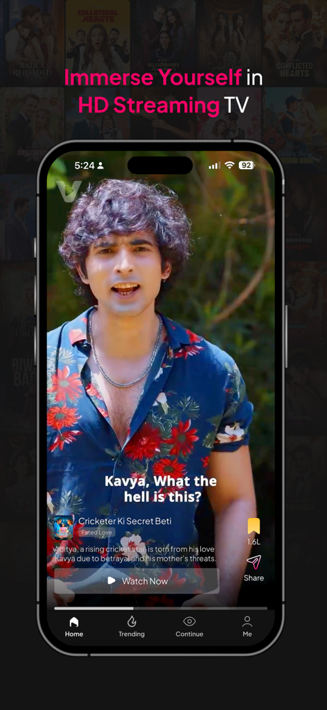 Viralo TV mobile app interface showing a vertical Hindi drama episode in high definition.