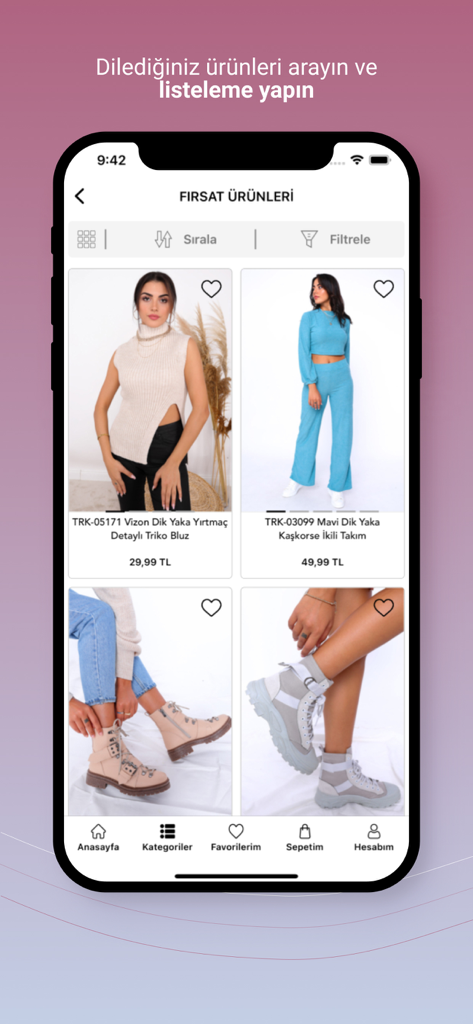 Cappmoda - Cappmoda mobile app screen showing a grid of boutique fashion items with sorting and filtering tools