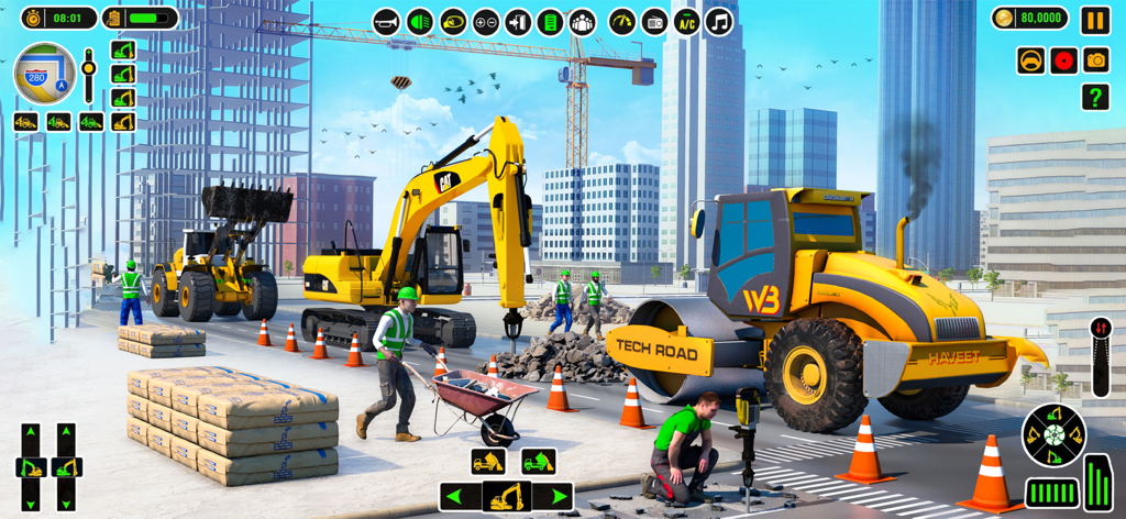 Real Excavator Construction 3D - Busy city construction site featuring an excavator, road roller, and workers in a 3D simulation game.