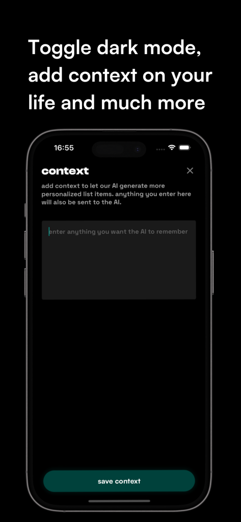 neurolist: AI Planner for ADHD - Schermata dell'app Neurolist che mostra la funzione di input del contesto per la personalizzazione dell'IA in modalità scura.