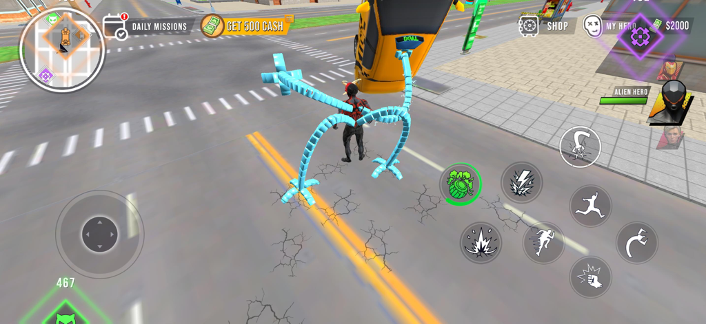 A character in Superhero Crime Open World War using blue tentacles to lift and throw a yellow taxi in a city street