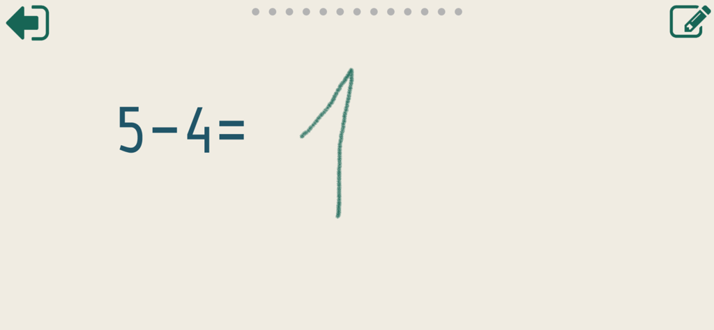 Вычитание и сложение до 10 - A child's handwritten number one solving the subtraction problem 5 minus 4 on an educational app interface.