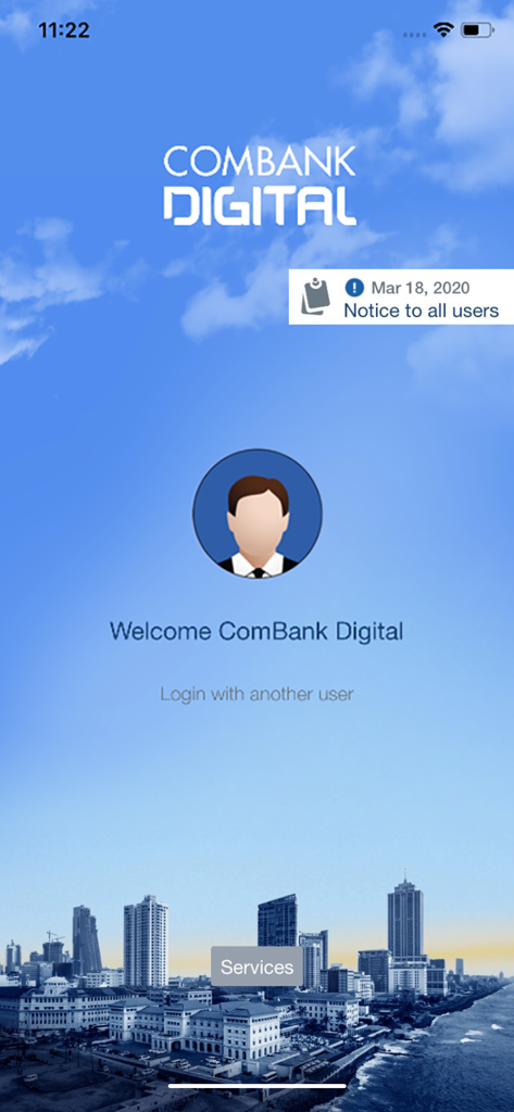 ComBank Digital - Schermata di accesso e benvenuto dell'app mobile ComBank Digital con vista sullo skyline di Colombo