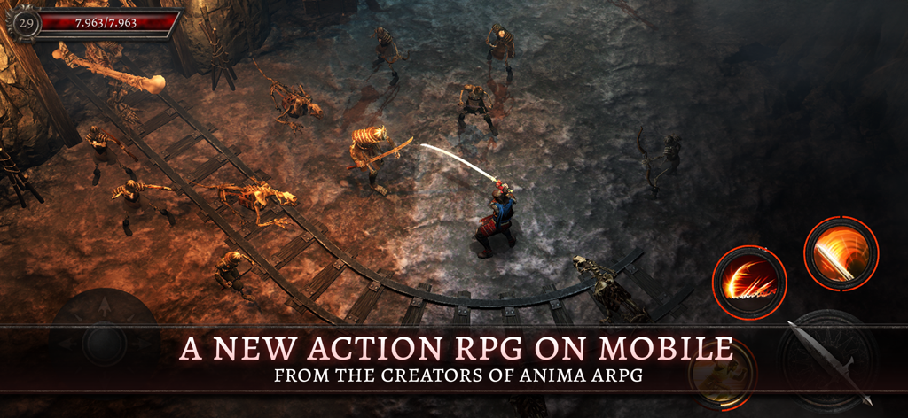 A samurai hero battling skeleton enemies in a dark fantasy dungeon from the Oniro ARPG mobile game
