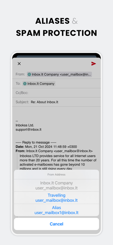 inbox.lt - Selecting an email alias in the inbox.lt mobile app interface