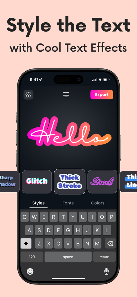 Fontini: fonts for ig story - Bildschirm der Fontini-App mit Textstilen und Effekten für Instagram-Stories
