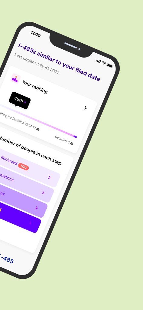 Lawfully Case Tracker - A screenshot of the Lawfully app showing the user ranking and processing steps for an I-485 immigration case.