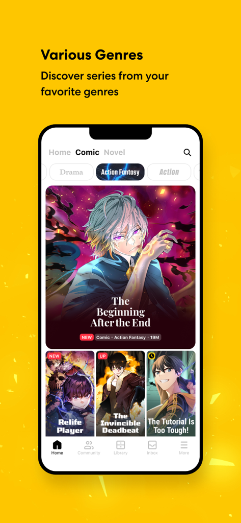 Interfaz de la app Tapas mostrando varios géneros de cómics y títulos de webtoons de acción y fantasía