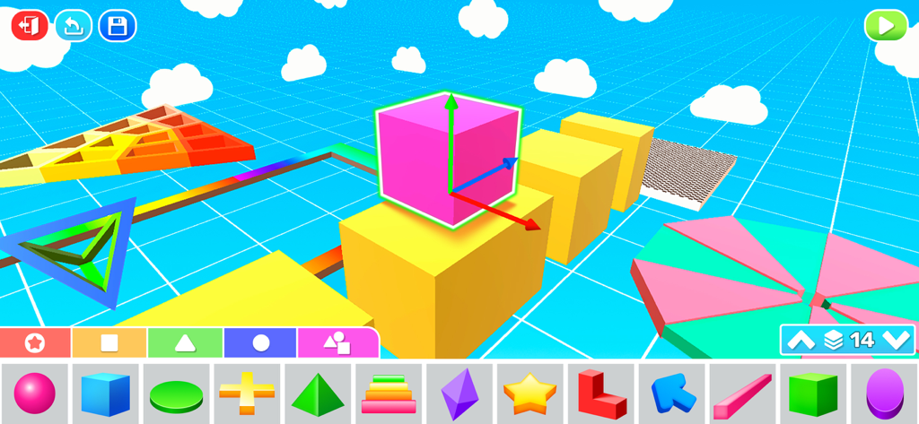 Mega Obby - Parkour Fun Run 3D - A 3D sandbox mode interface in Mega Obby showing various colorful blocks and tools for building custom parkour courses