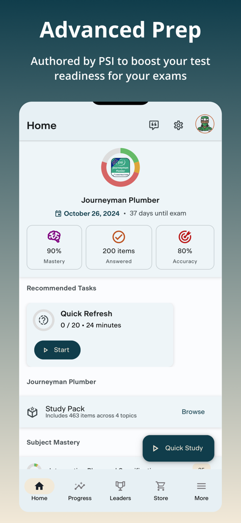 PSI Test Prep - PSI Test Prep app home screen showing study progress metrics and a countdown for a Journeyman Plumber exam