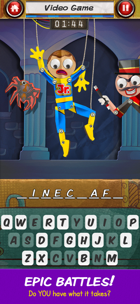 Atomic Hangman Jr - A puppet character hanging by strings in a word puzzle game battle with a keyboard