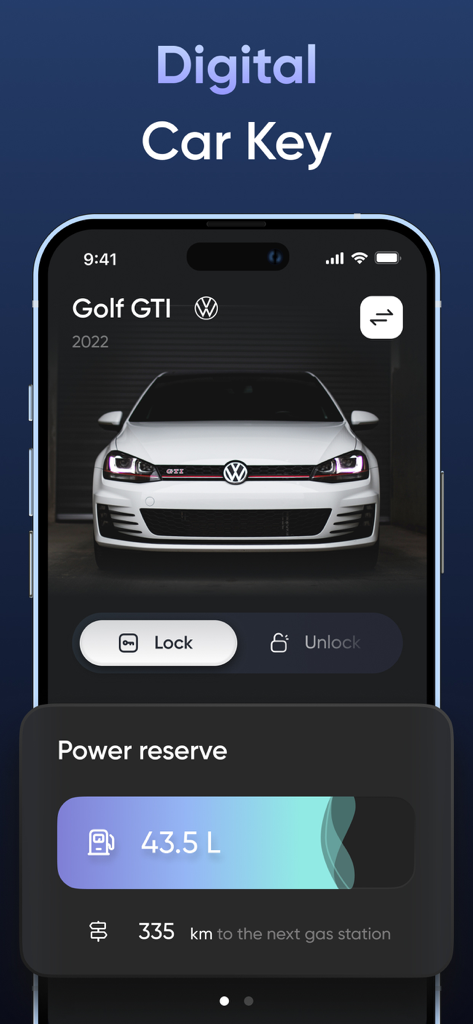 Car Play Connect. Digital key. - Digital car key app screen showing remote lock and fuel monitoring for a modern vehicle