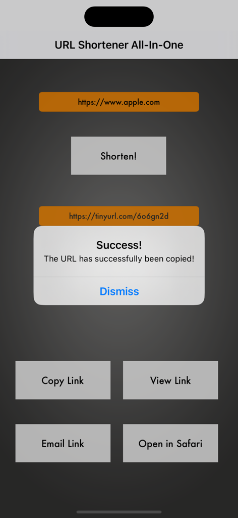 URL Shortener All-In-One - Interfaz de la aplicación móvil URL Shortener All-In-One que muestra un enlace acortado con éxito con opciones para copiar, enviar por correo y abrir en Safari.