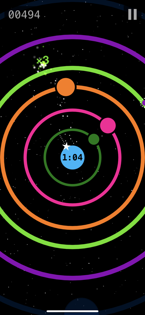 Ring Rush - Pop 'Til You Drop! - Gameplay screenshot of Ring Rush showing colorful concentric rings and orbiting circles on a starry background
