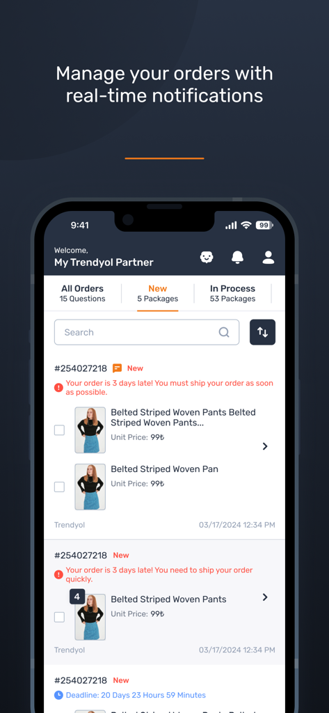 Interfaz de la aplicación Centro de Vendedores Trendyol para gestionar pedidos y recibir notificaciones en tiempo real