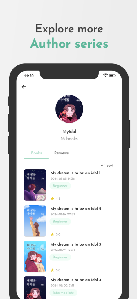 Kbook - Korean book - Kbook App-Oberfläche mit einer Liste koreanischer Lern-Webtoon-Geschichten eines bestimmten Autors.