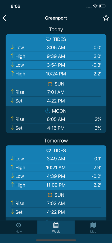 Tides Near Me app interface displaying low and high tide times along with sunrise and sunset data for Greenport