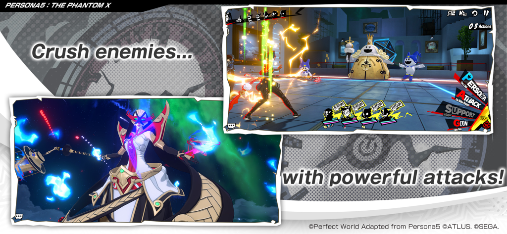 P5X | Persona5: The Phantom X - Scènes de combat de Persona 5 The Phantom X montrant des personnages utilisant des attaques puissantes contre des ennemis