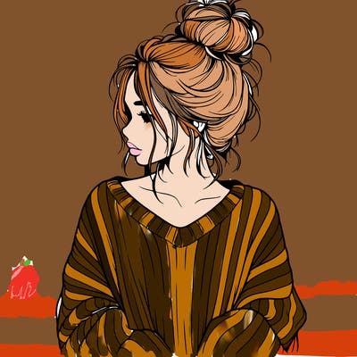 realistic girl wearing a messy bun and an oversized sweater
