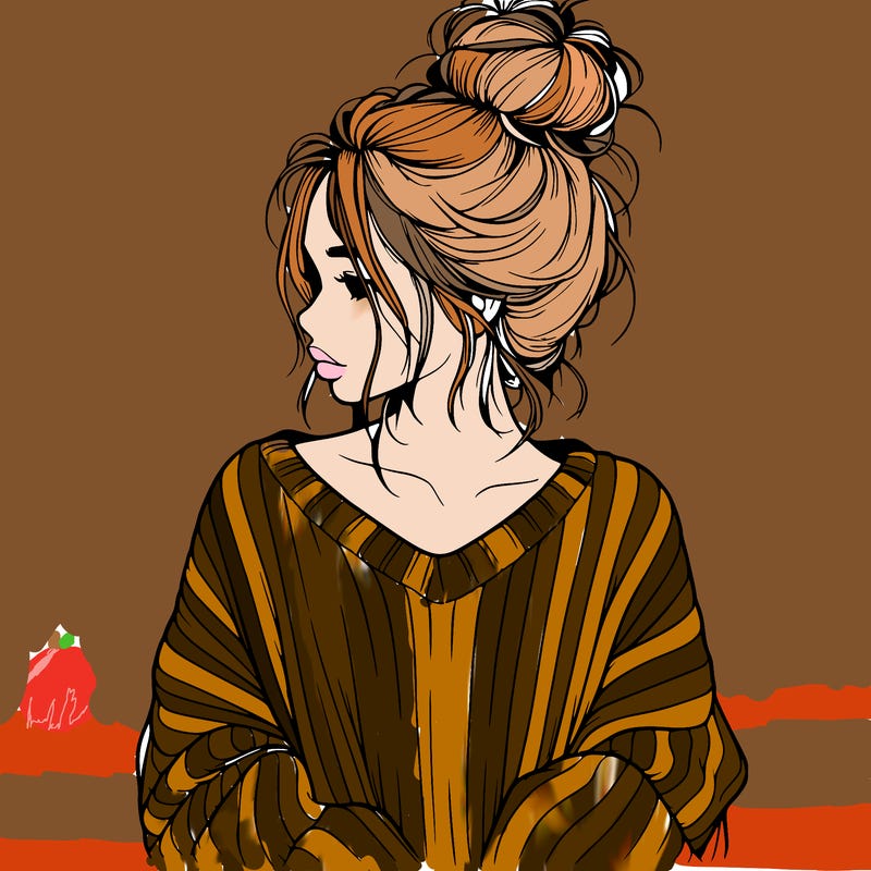 realistic girl wearing a messy bun and an oversized sweater