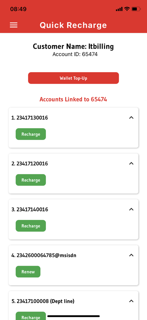Bildschirm Schnelles Aufladen von MySWIFTApp mit verknüpften Konten und Schaltfläche zum Aufladen des Guthabens